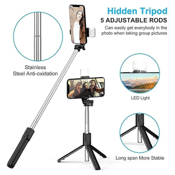 4-in-1 Wireless Selfie Stick Tripod Wireless + Bluetooth shutter & LED Light - Image 2